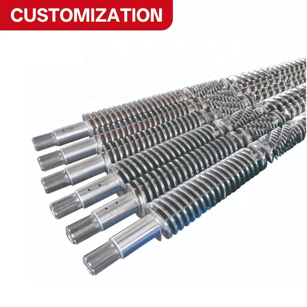 Custom plastic extruder components—conical screws and barrels—suitable for the production of WPC, PVC, and EVA