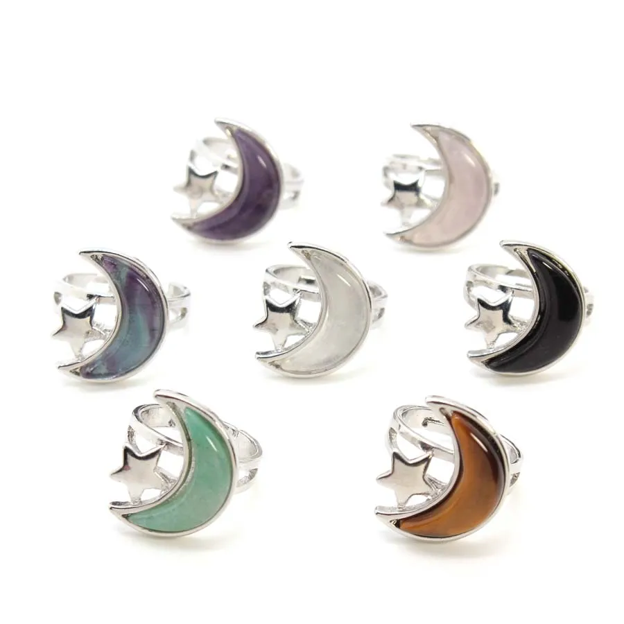 

Moon Star Style Crystal Stone Rings For Women Men Girls Natural Amethyst Quartz Fluorite Gemstone Adjustable Finger Ring Jewelry