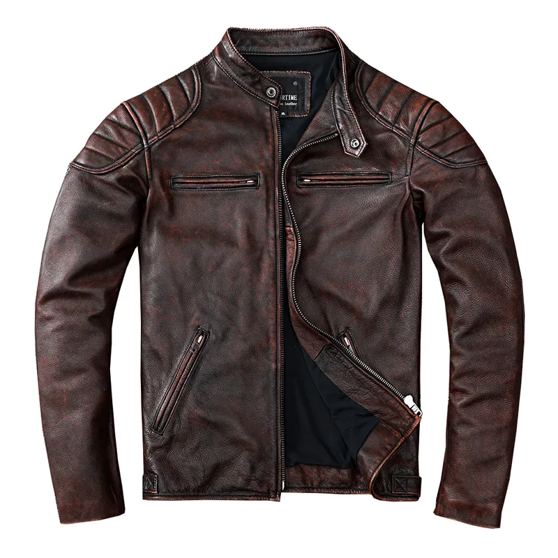 Veste de motard en cuir véritable pour hommes, manteau mince en cuir marron, vêtements en peau de vache, style vintage, mode, nouveau, livraison gratuite, 2021