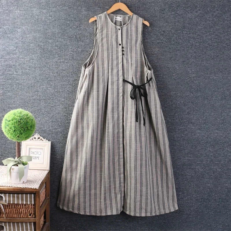 

Women's Vintage Cotton Linen Dress, Japanese Style, Mori Girl, Stripe, Sleeveless, Casual, Loose, Summer