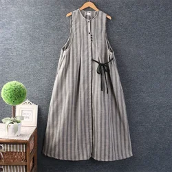 Women's Vintage Cotton Linen Dress, Japanese Style, Mori Girl, Stripe, Sleeveless, Casual, Loose, Summer