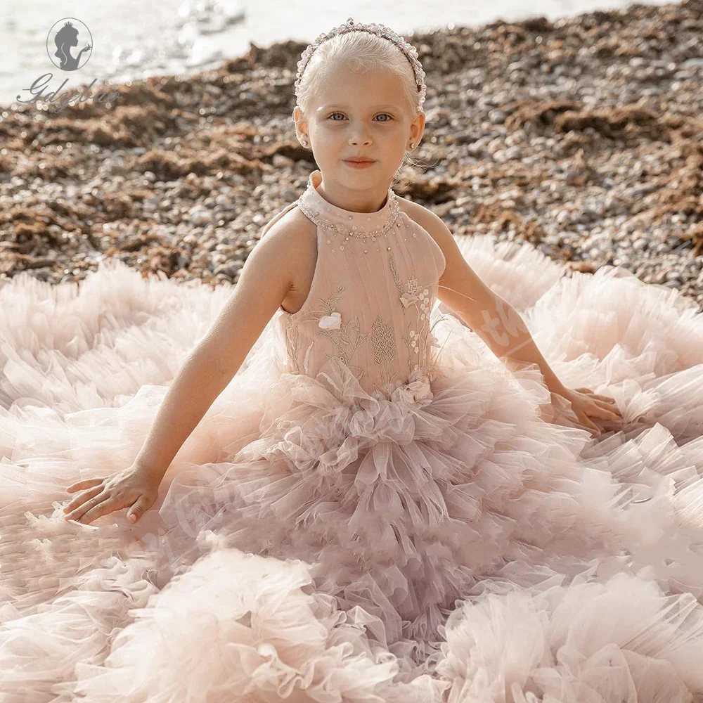 

Fluffy Wedding Pink Flower Girl Dress Sleeveless Tiered Tulle Child Birthday Party Gown First Holy Communion