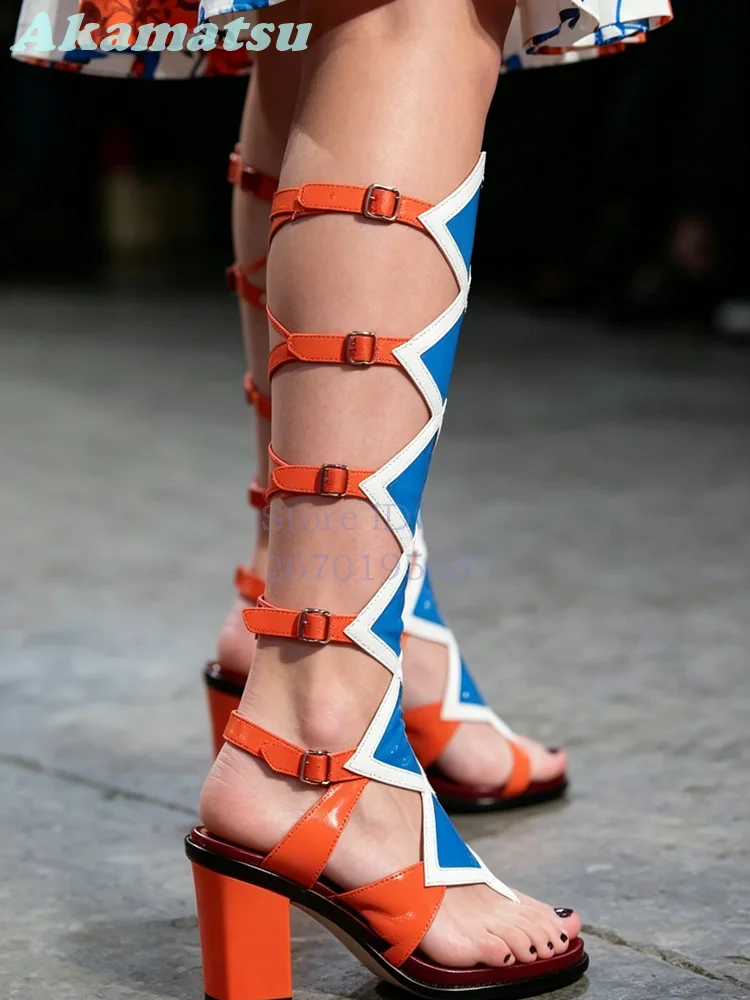 Mix-color Block Gladiator Sandals Geometric Rhombus Hollow Knee High Block Heel Buckle Strap Summer Party Women Roman Shoes 2026