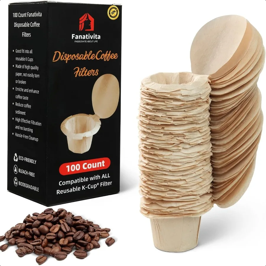 

100 Count K Cup Filters with Genius Lid Design Fit All Reusable K Cups for Keurig Unbleached
