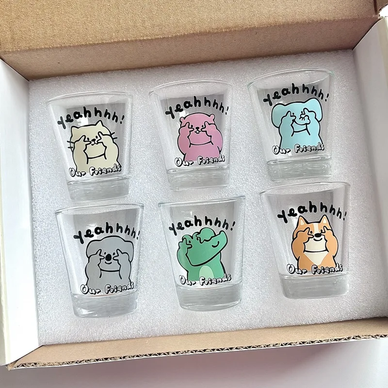 

6PCS/Set 50ml Glass Cups Soju Baijiu One Shot Sake Cup Wine Goblet Cute Cartoon Whiskey Glass Coffee Mugs Gift Box for Birthday