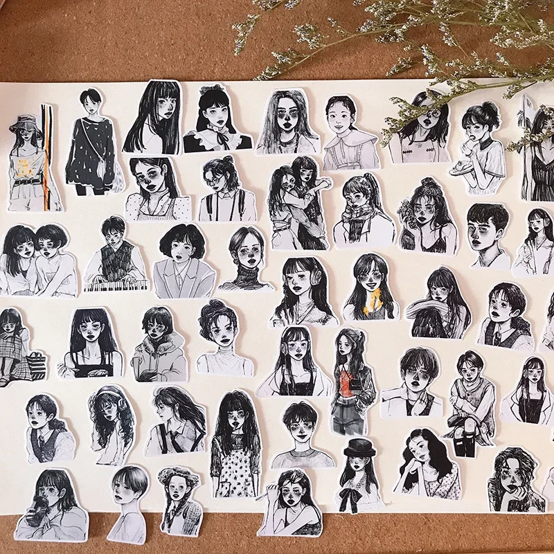 50pcs Ins Wind Japanese Girl Heart Stickers Black And White Salt Girl A Character Sketch Waterproof Hand Account Stationery