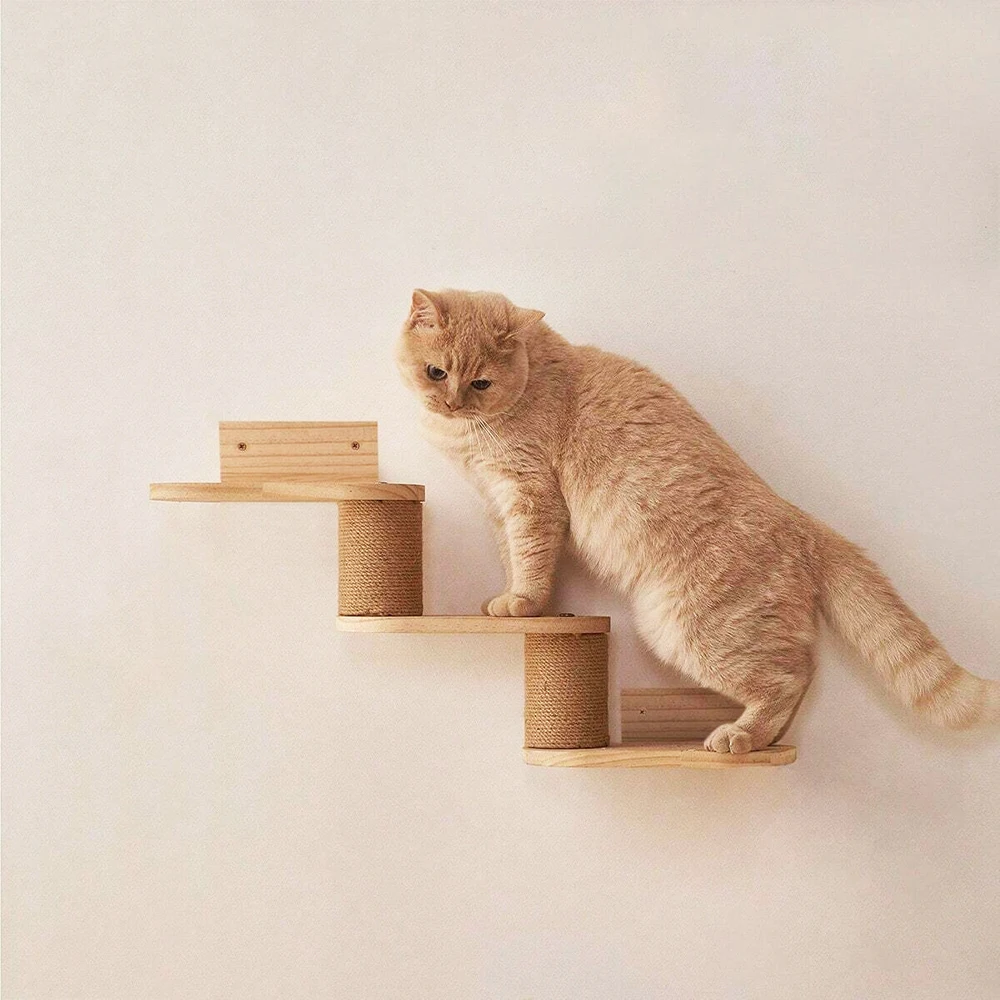 An der Wand montierte Katzentreppe, dreistufiges Katzenwandregal, Katzenwandmöbel aus massivem Holz, geeignet zum Spielen von Katzen