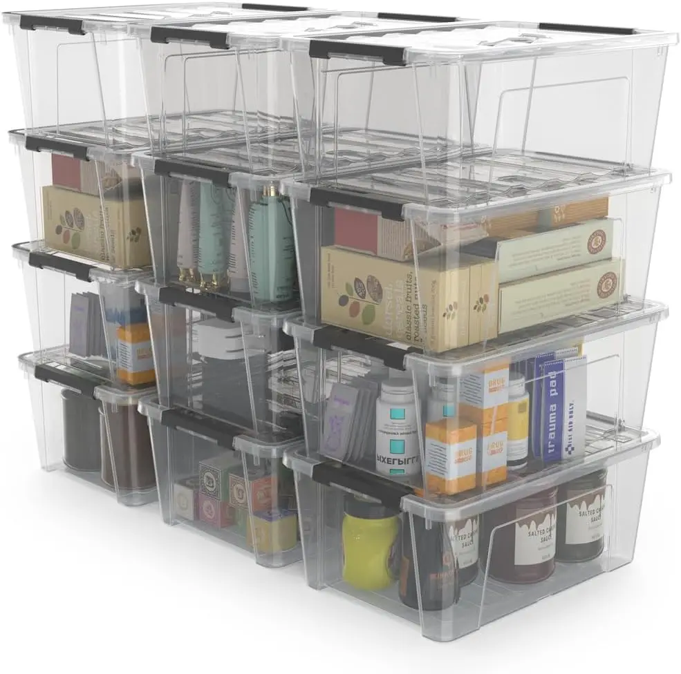 

12 Pack Small 5-Quart Clear Plastic Storage Bins with Lids and Latch Buckles, Storage Organizer Container with Handle