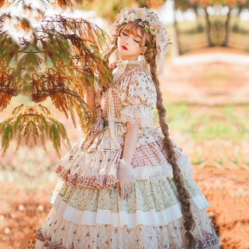 Sweet Lolita Tea Dress Victoria Vintage Lovely Cotton Pastoral Princess Dress Girl Chic lace ruffled fairy dress