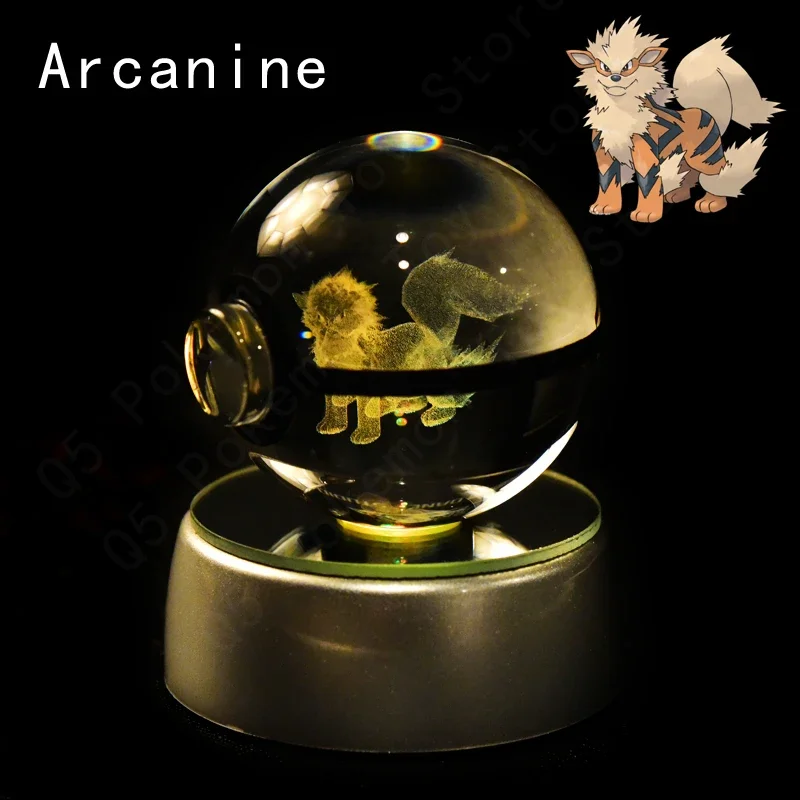 3D Pokemon Kristallkugel 5CM Mewtwo Pikachu Gengar Kristallglas Pokemon Ball Pokeball Figur Nachtlicht LED-Lampe mit Basis Geschenk