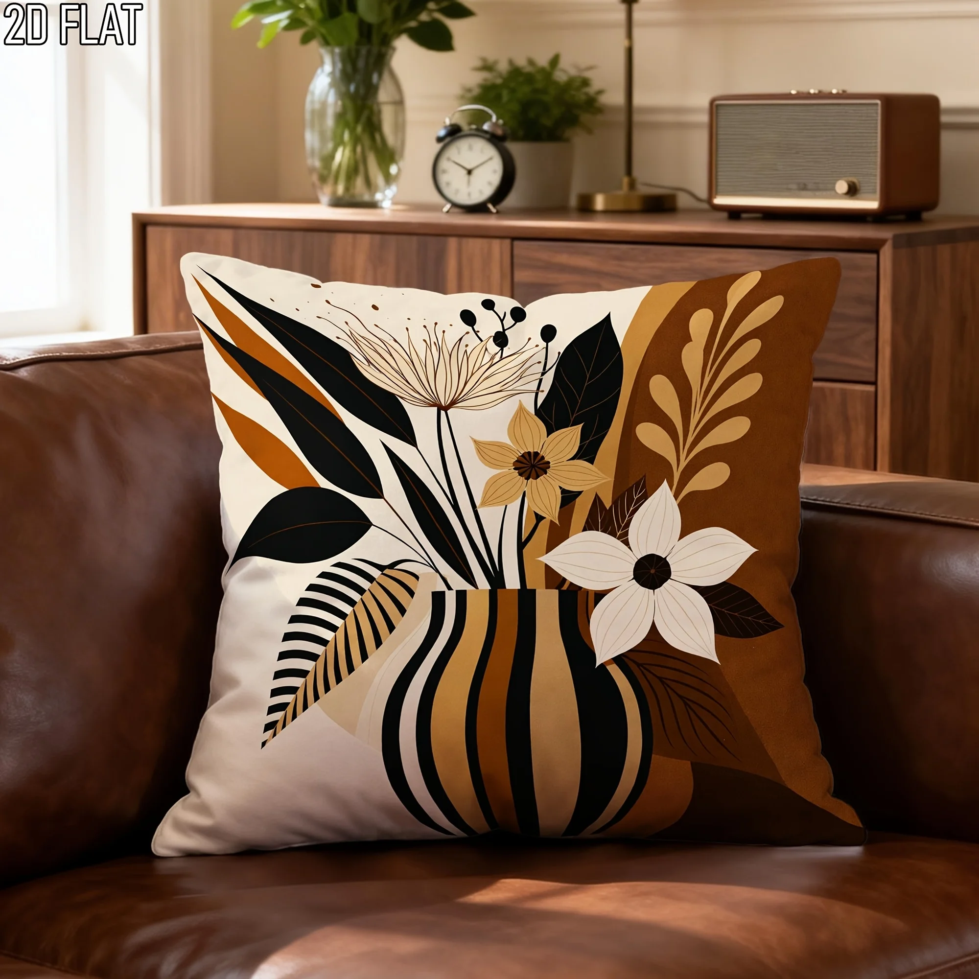 Autumn Botanical Pillow Cover Abstract Floral Striped Vase Design Beige Brown 16x16 Inch Square Boho Decor