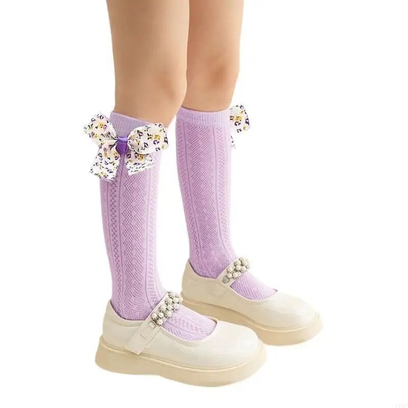 جوارب C63C ناعمة ومريحة للفتيات بطول الساق، جوارب مجوفة بعقدة على شكل فيونكة #2