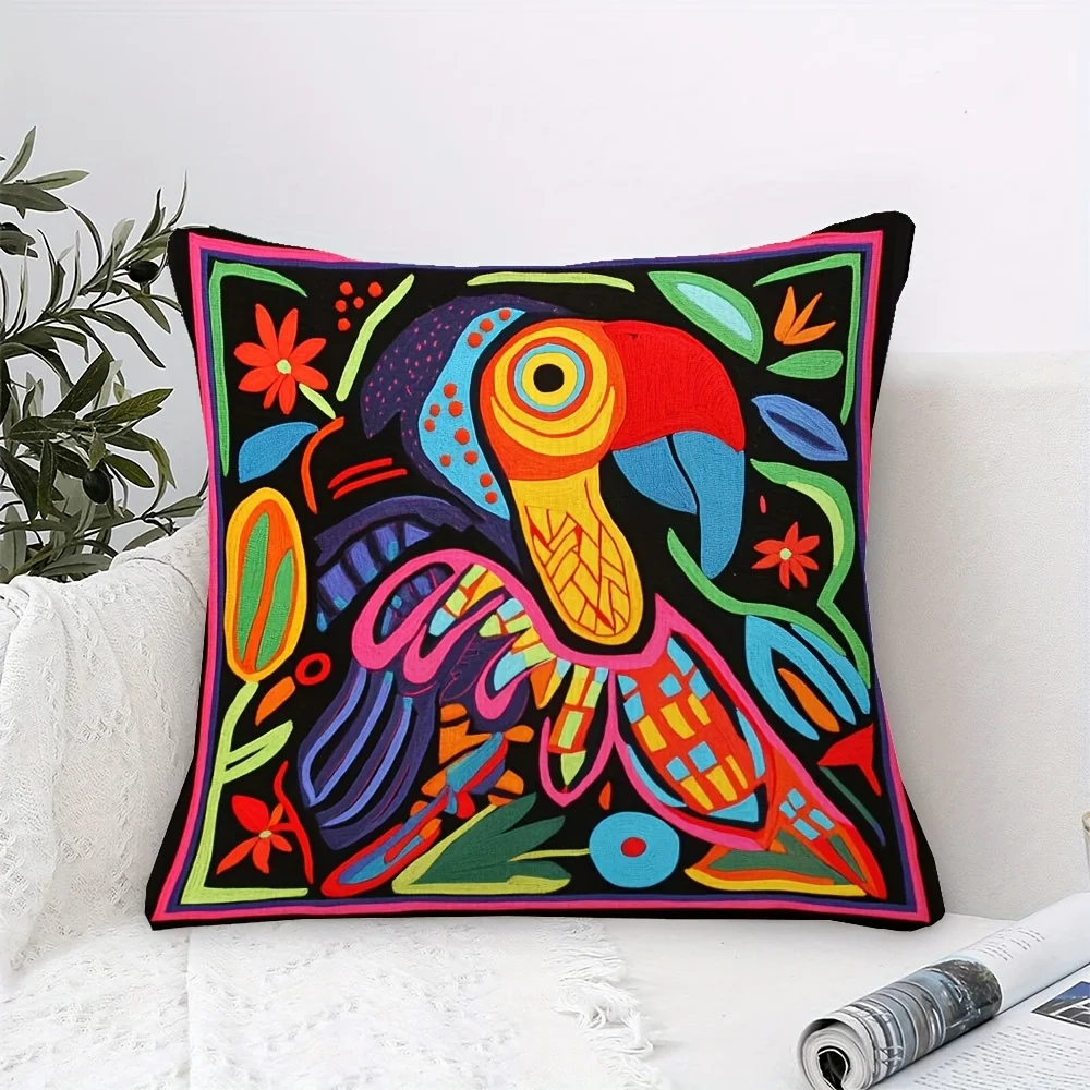 Double Sided Mola Kuna Panama Parrot Pattern Decorative Throw Pillow Case Vibrant Ethnic Folk Art Cushion Cover for Sofa Home