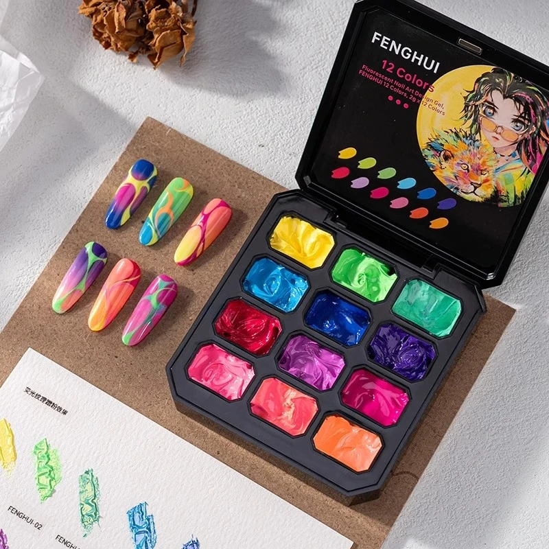 12Colors Fluorescent Pat Patting Gel Nail Polish Transfer French Design Soak Off UV LED Gel Varnish Gradient Patting Gel Palette
