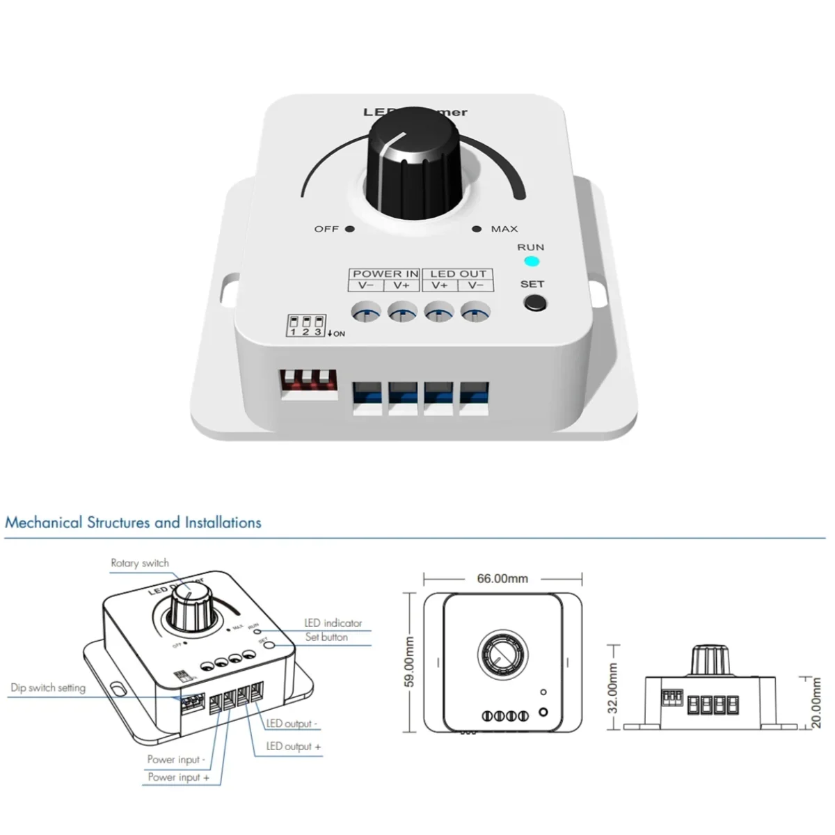 V1-KC 12-48VDC Rotary LED Dimmer 1CH*8A  5Levels Light Gradient Speed 0-100% Dimming for Single Color LED Strip Light without RF