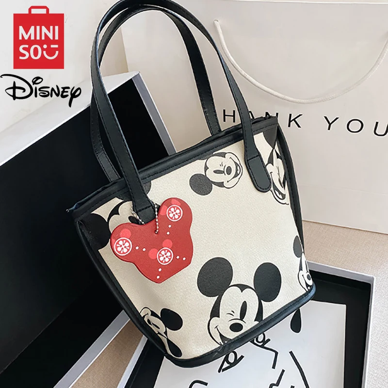 MINISO Disney Serie Cartoon Cute Mickey Canvas Bag Women\'s Fashion Shoulder Bag Leisure Handbag Printed Canvas Bucket Bag