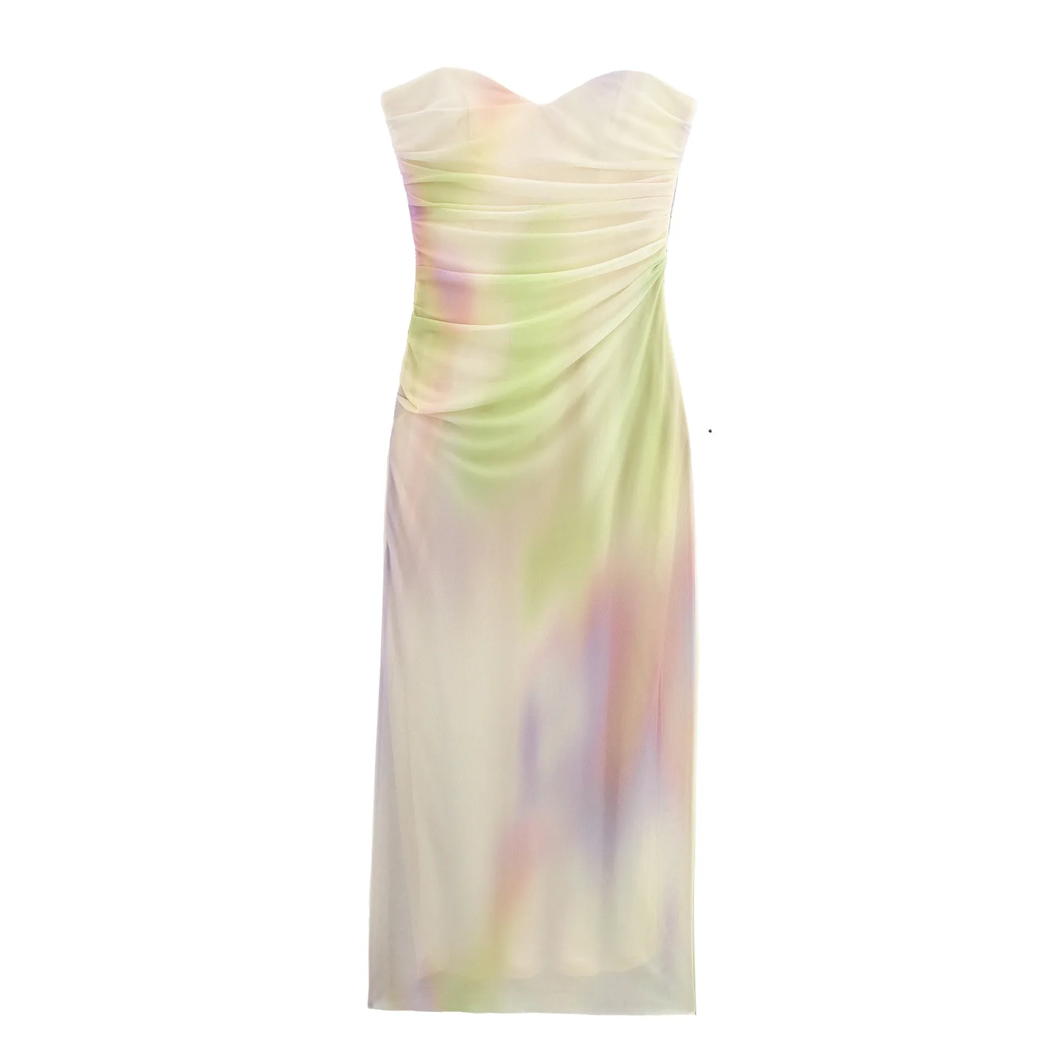 

Topenomi Fashion Printed Mesh Strapless Party Dress Women 2025 Summer Temperament Folds Slim Fit Waist Mid Length Dresses Robe
