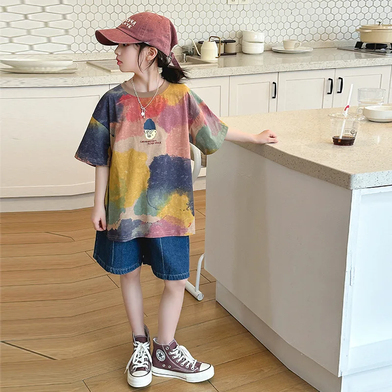 

baby girl clothes suit Summer short-sleeved two-piece set new dress foreign style 2024 casual medium pants five-quarter pants