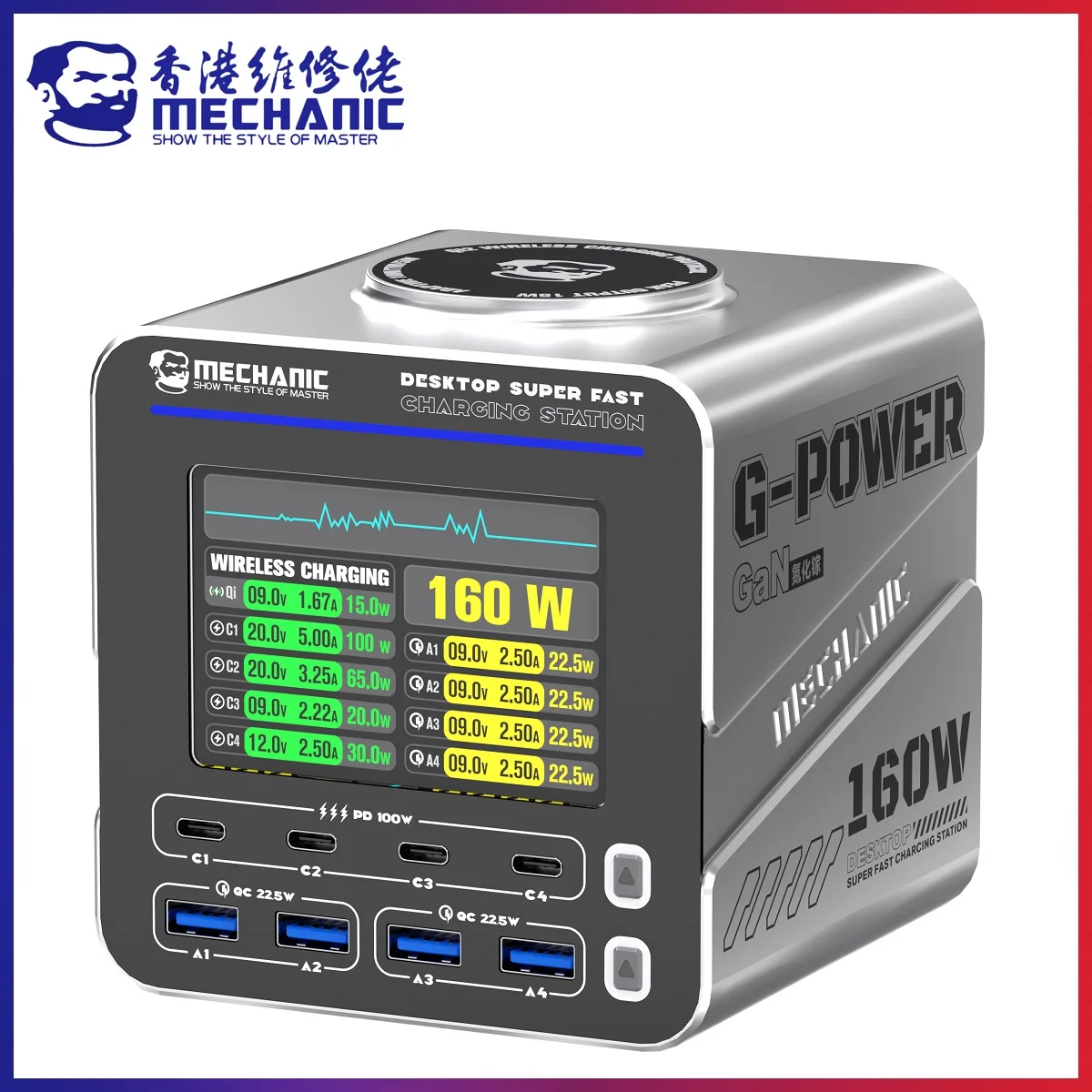 MECHANIC G-POWER Series 115W/160W Desktop Super Fast Charging Station Type-C USB Port 15W PD QC3.0 GaN Wireless Charging Support