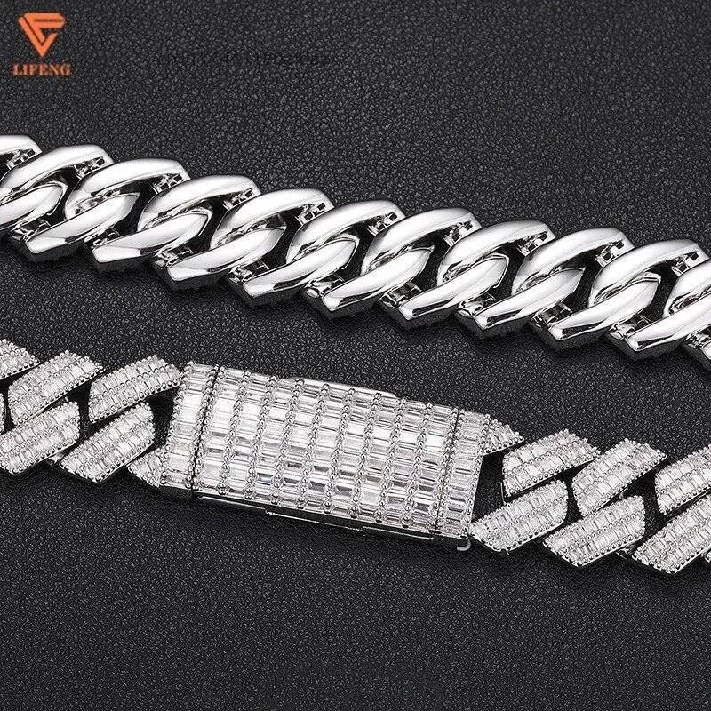 Fashion 2025 Lifeng Jewelry Baguette Cuban Link Chain 925 Sterling Silver White Gold Plated 2 Rows Vvs Moissanite Necklace.