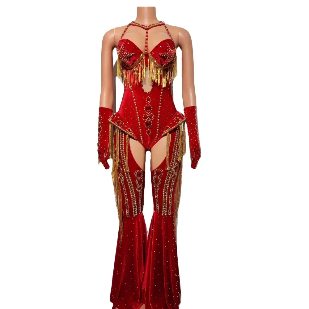 Sexy vermelho strass borla luvas bodysuit mostrar dança outfit feminino cantor equipe de dança concerto boate bar desempenho traje