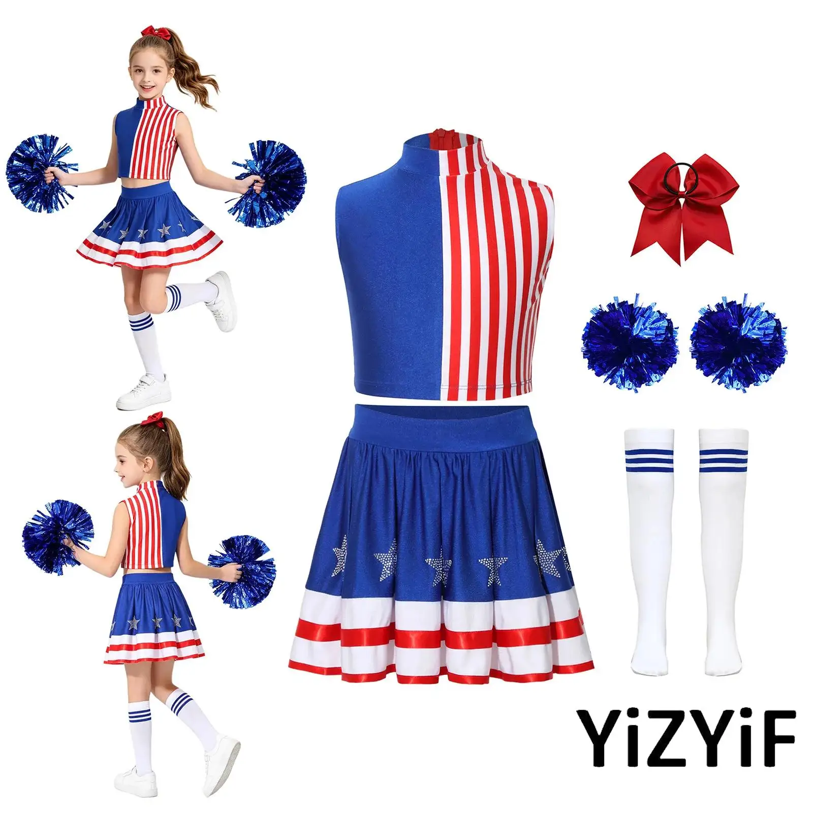 

Girl Cheerleading Outfit Sleeveless Color Block Striped Crop Top Rhinestone Stars Skirt Pom Poms Socks and Headwear for July 4th
