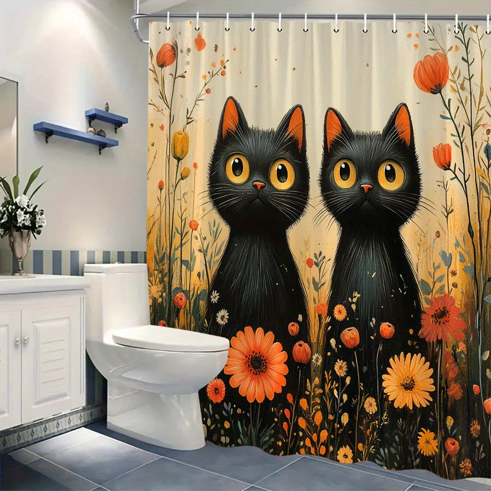 Charming Black Cats with Sunflowers Shower Curtain - Water-Resistant, Easy to Clean, Adds a Playful and Artistic Touch