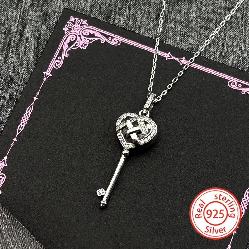 

Luxury 925 Sterling Silver Heart Key Shape Zircon Pendant Necklace for Women Girl Simple Celtic Knot Clavicle Chain Jewelry Gift
