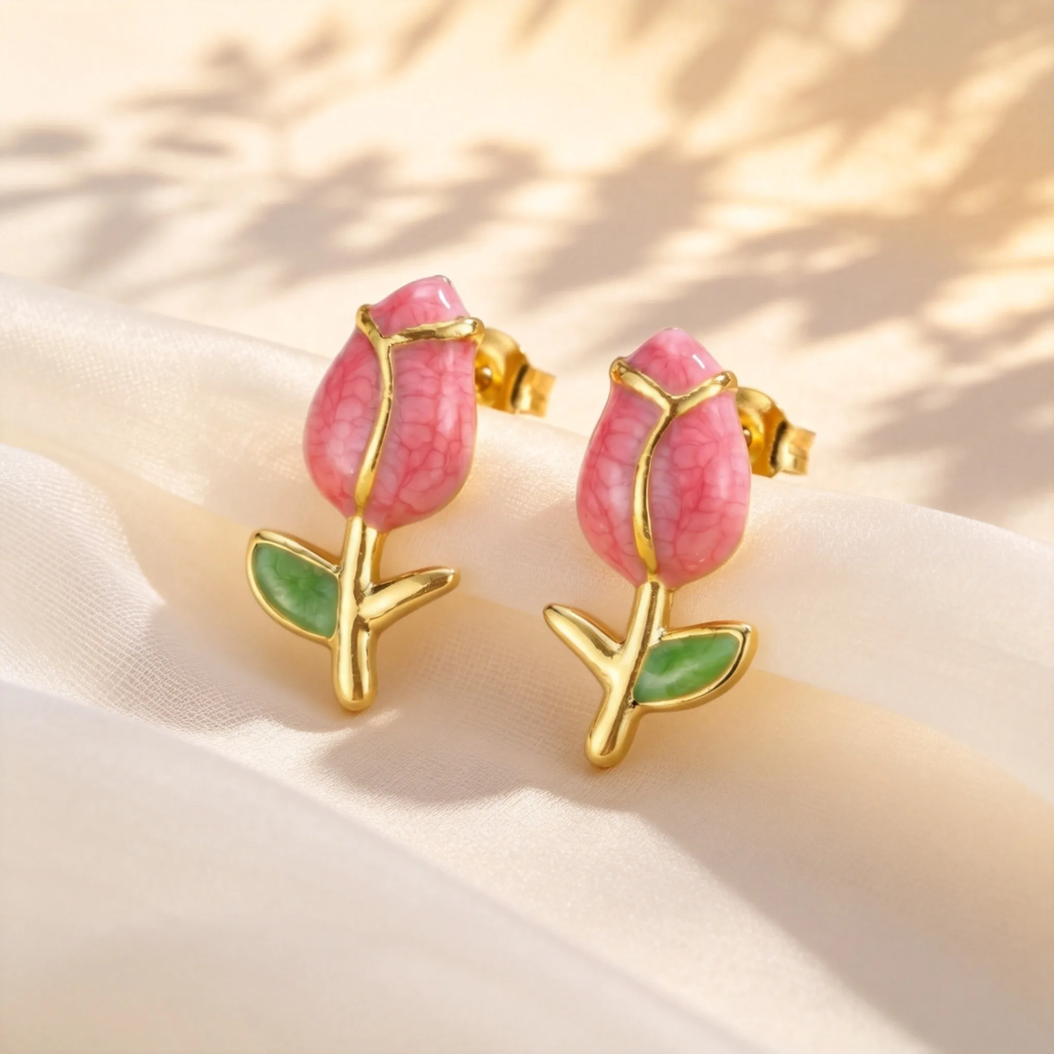 Creative Rose Flower Earrings for Women, Pink Enamal Stainless Steel Earrings, Retro French Style Sweet Romantic Ear Jewelry
