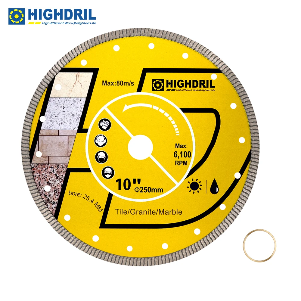 HIGHDRIL 1pc Diamond Disc Turbo Saw Blades For Ceramic Tile Granite Marble Cutting Wheel Dia250mm On Angle Grinder 22.23mm