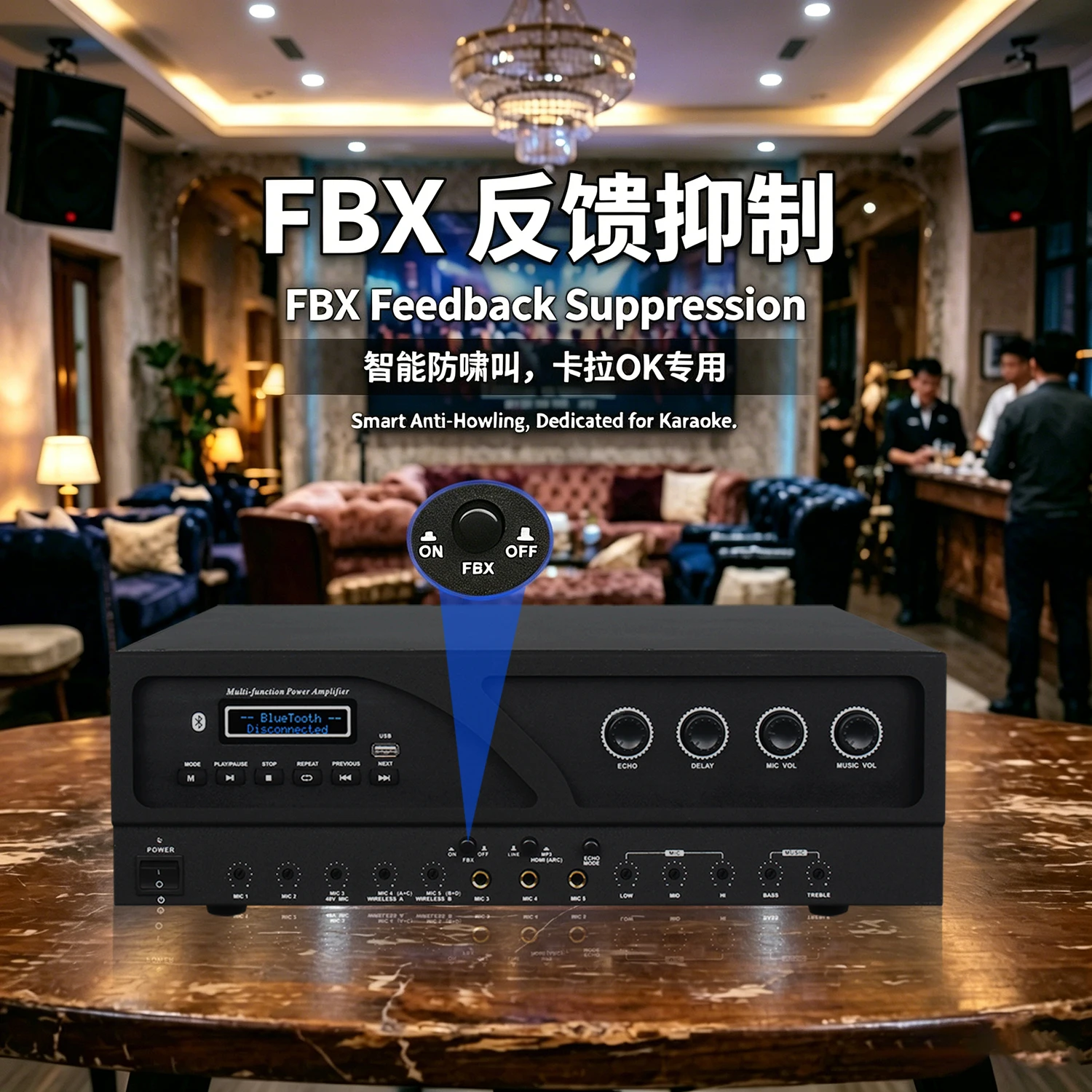 GAP-BK Multifunctional amplifier with tone, reverb effects, feedback suppression, dual-decoding USB, MP3, and Bluetooth playback