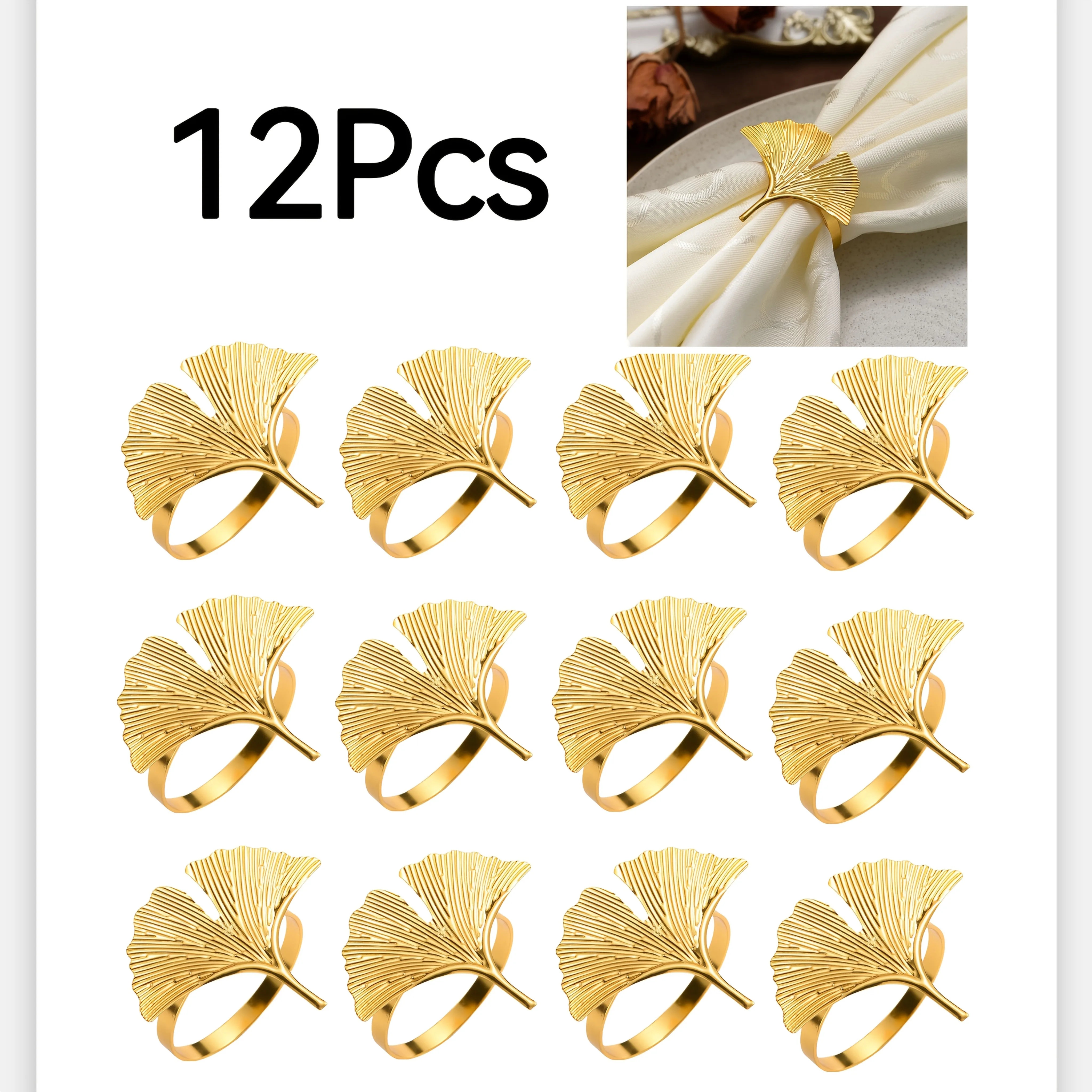 12-Pack Elegant Ginkgo Leaf Napkin Rings - Elegant Farmhouse, Wedding, and Special Occasion Table Decorations
