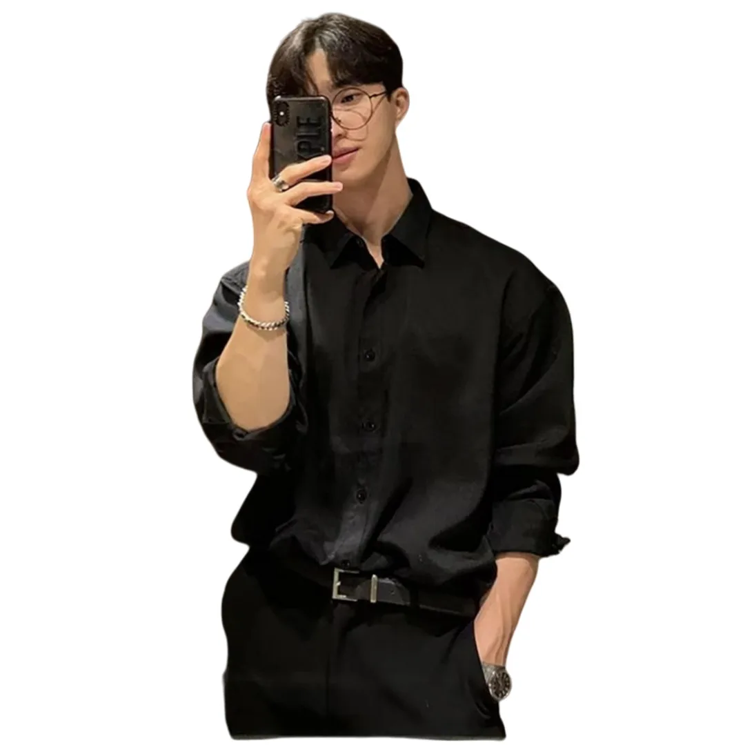 メンズ ブラック 長袖シャツ プレミアム クール カジュアル スタイル 夏 大人 軽量 ドレープ インナー トップ