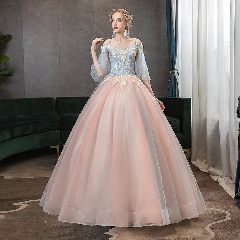 ใหม่คลาสสิกงานแต่งงานชุดเย็บปักถักร้อยดอกไม้ Ball Gown สีฟ้าและสีชมพูยาวจัดเลี้ยง Vestido ที่กําหนดเอง