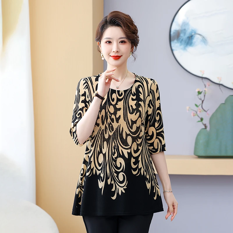 المرأة الجولة الرقبة الربيع الصيف جديد الحد الأدنى تخفيف المطبوعة الماس 3/4 كم فضفاض ميدي البلوز تي شيرت بلايز حجم كبير #6