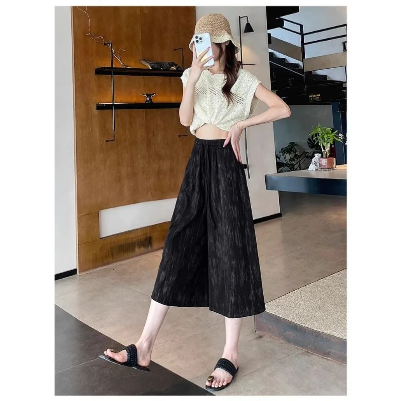 TOP Summer Wide-leg Culottes Thin Ice Silk High-waist Slimming Tie-dye Printed Drapey Casual Three-quarter Culottes