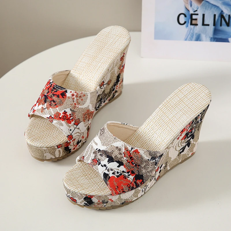 Chinelos de cunha peep toe estampado floral feminino, chinelos casuais, sapatos da moda vintage, verão