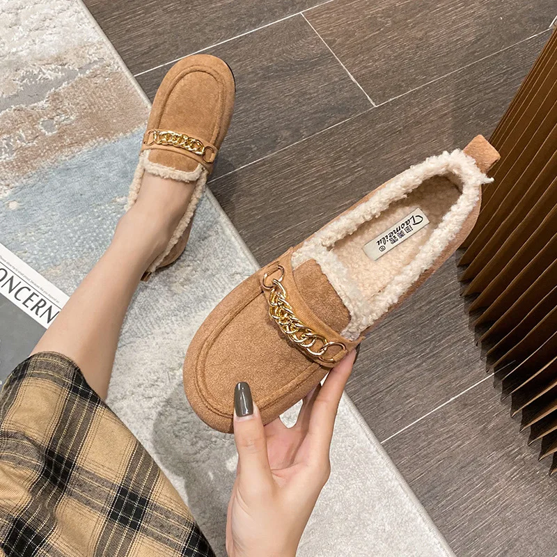 عادية امبسوول المتسكعون النساء الشقق سلاسل أحذية الشتاء فروي أحذية السيدات مبطن القطن Mocasines الدافئة الانزلاق على الأغنام فراء الأحذية #3