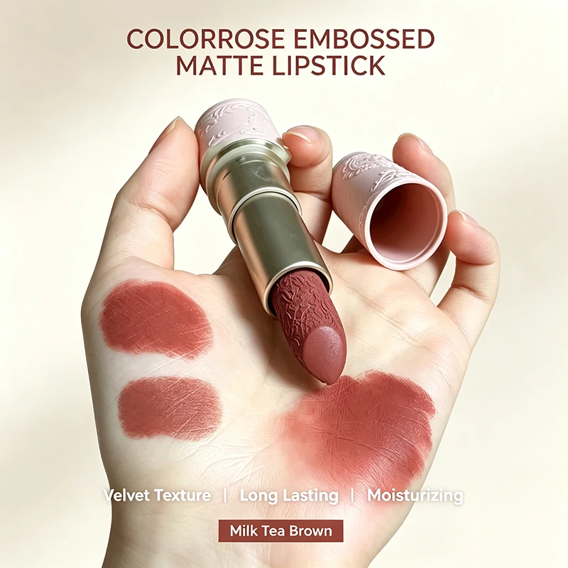 Colorrose Embossed Matte Lipstick Velvet Texture Long Lasting Nonstick Cup Moisturizing Lip Makeup Lipstick Cosmetics