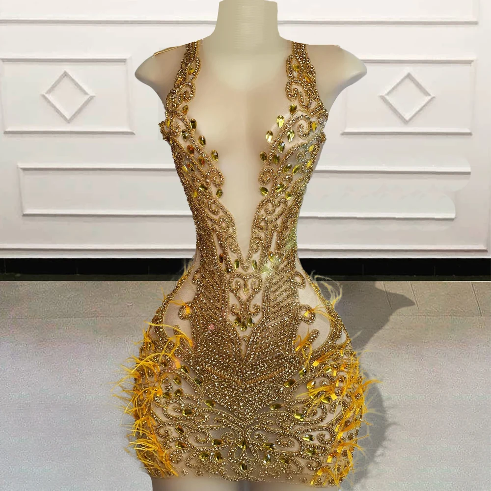 Vestido corto de fiesta de cumpleaños para mujer, minivestido de cóctel con cuentas de diamantes brillantes, color dorado, transparente, Sexy, color negro, 2023