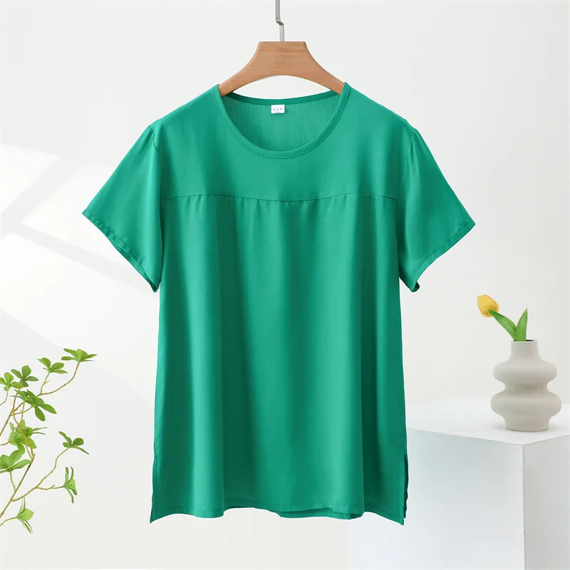 

2025 Summer Tees Middle-age Women Short Sleeves T-shirt Oversize Loose Comfy Casual Tops O-neck Thin Cotton-silk Tees Pullover