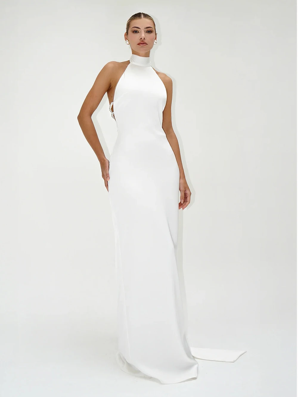 Elegant effen lint dames halterjurk off-shoulder parelketting backless slanke vrouwelijke maxi-jurken bruidsjurken chique dame gewaad