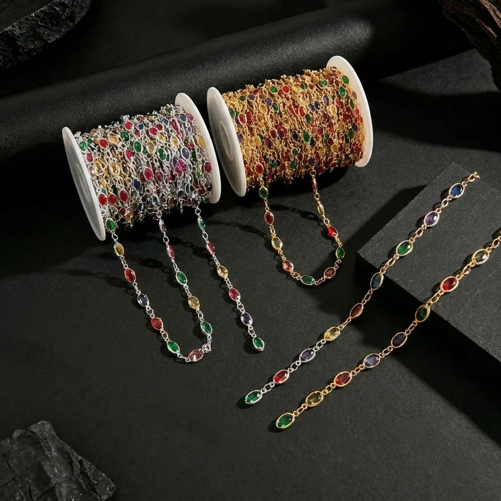 1 Meter/Lot Gemischte Farben Zirkon-Kristallperlen-Kette Kupferglieder für DIY Schmuckherstellung Halsketten Armbänder Zubehör Materialien – Detail 1