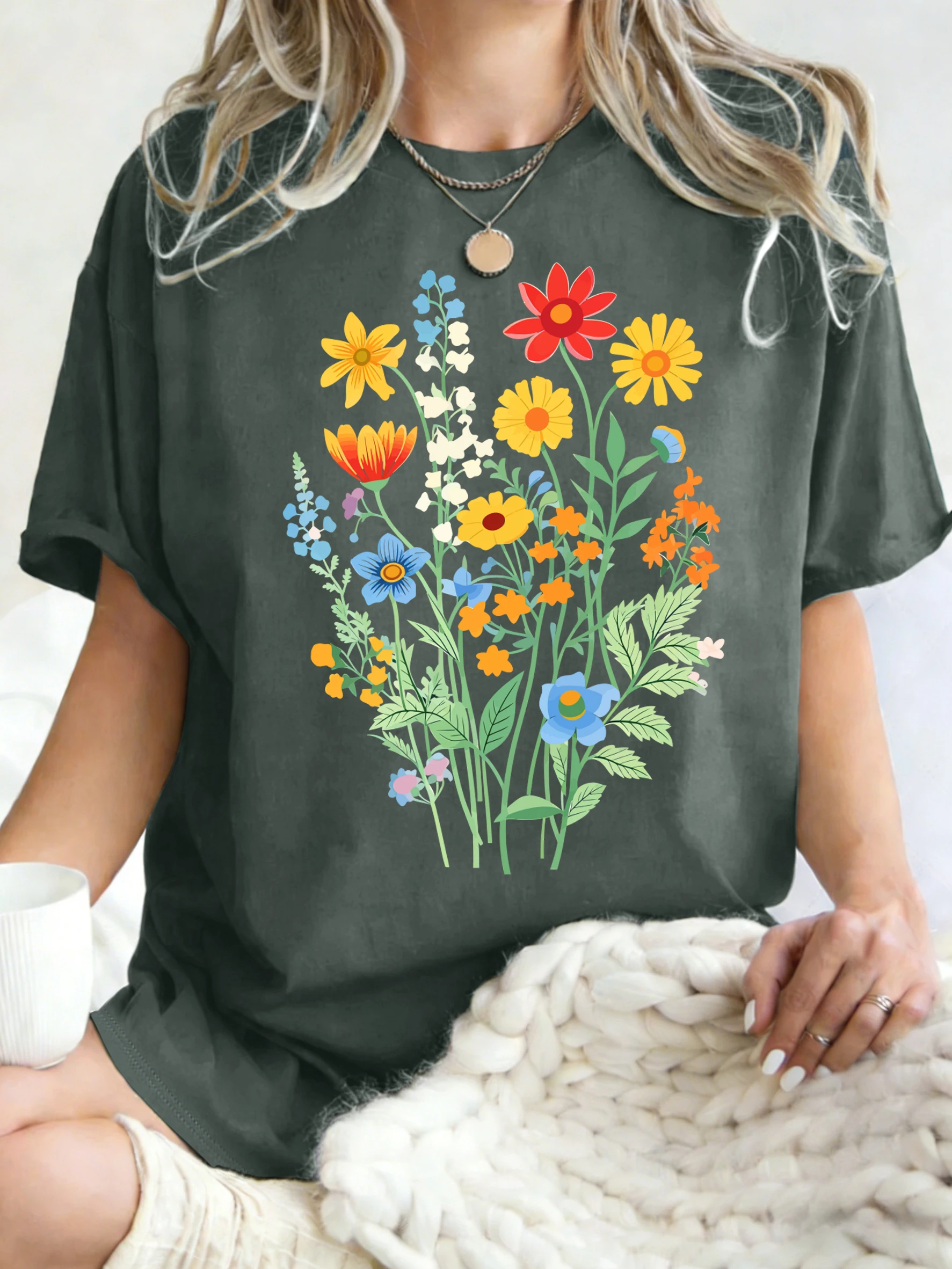 Schöne Blumen, die sich kräftig blühen lassen, bedrucktes Damen-T-Shirt, lässige, lockere T-Shirts, Baumwolle, Sportbekleidung, Sommer, Rundhalsausschnitt, kurze Ärmel