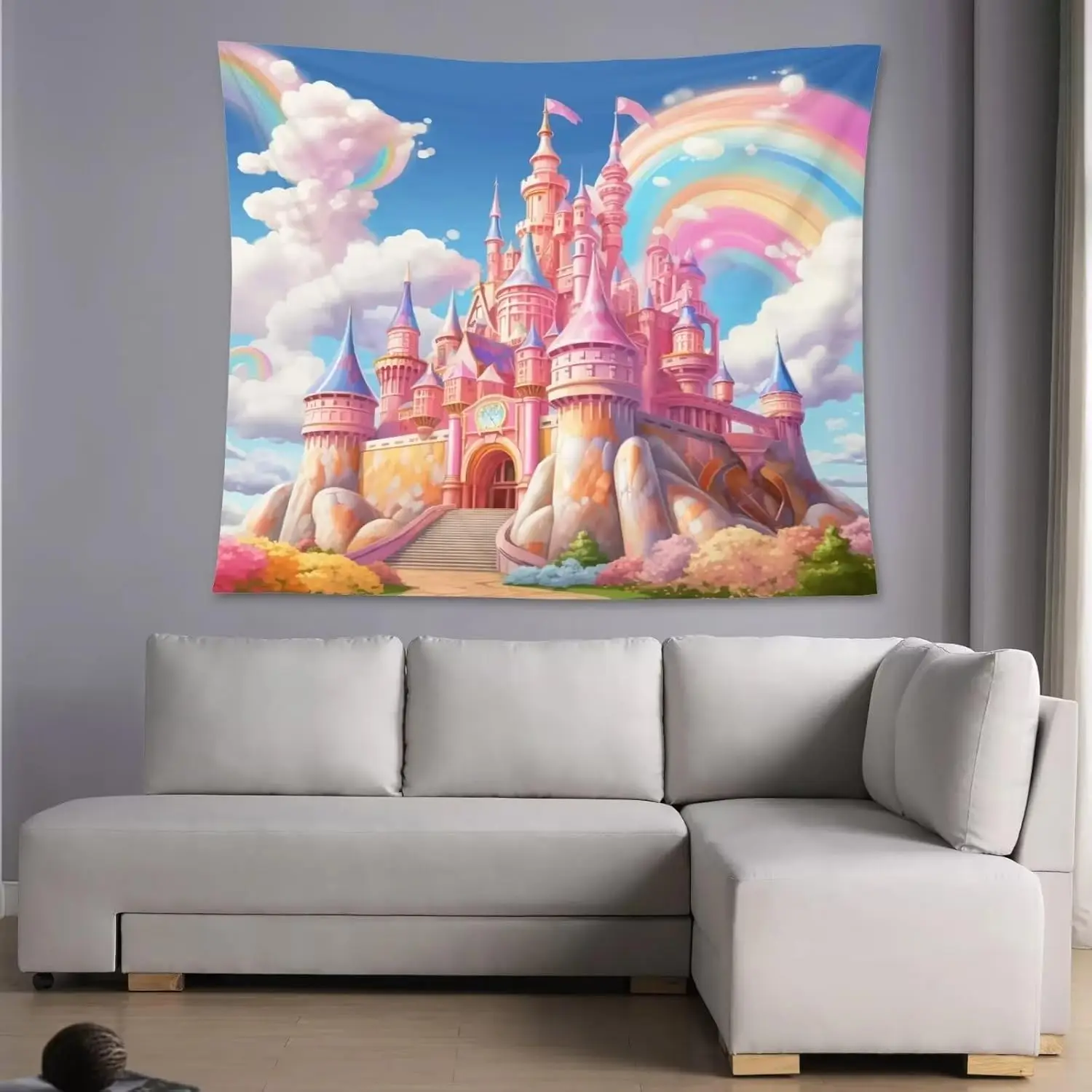 Fairy Castle Wall Hanging Tapestry, Macaron Rainbow Cloud Floral Fantasy Art For Indoor Room Kawaii Aesthetic Decoration
