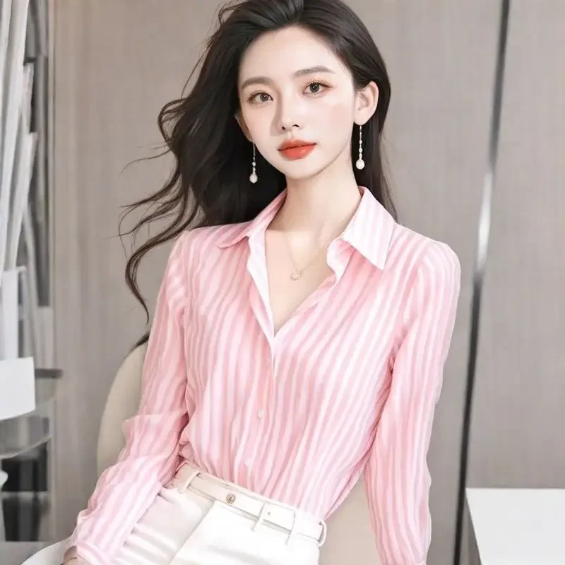 Camisa francesa de manga larga a rayas de alta gama, Top de temperamento único para mujer, nuevo estilo