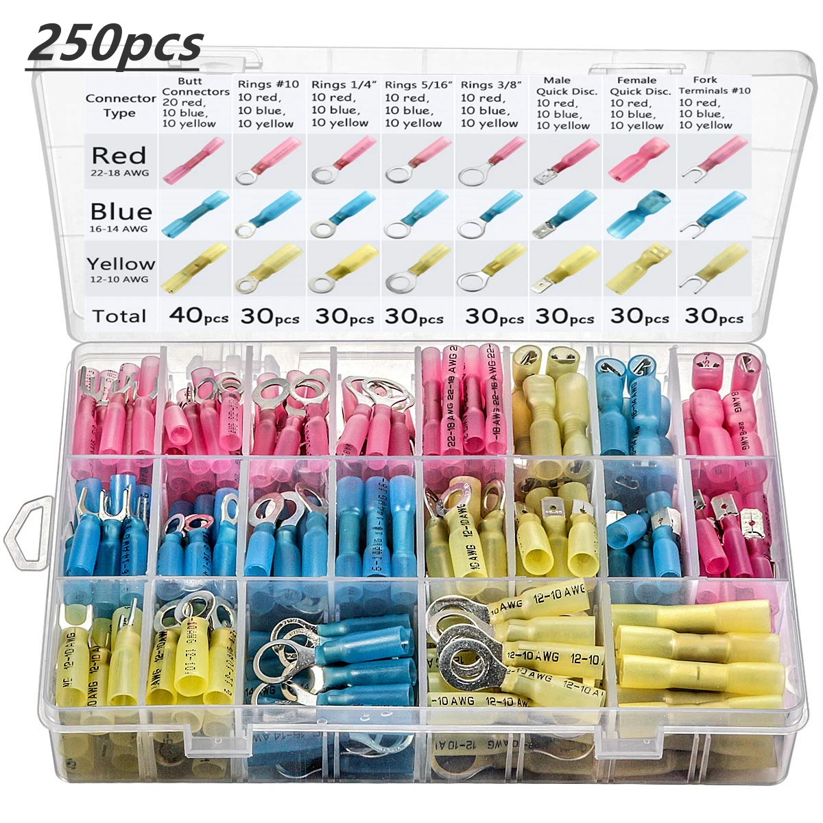 250pcs Waterproof Heat Shrink Butt Connectors Electrical  Fork Spade Splice Cable Crimp Terminals Wire Connectors AWG 22-10 Kit