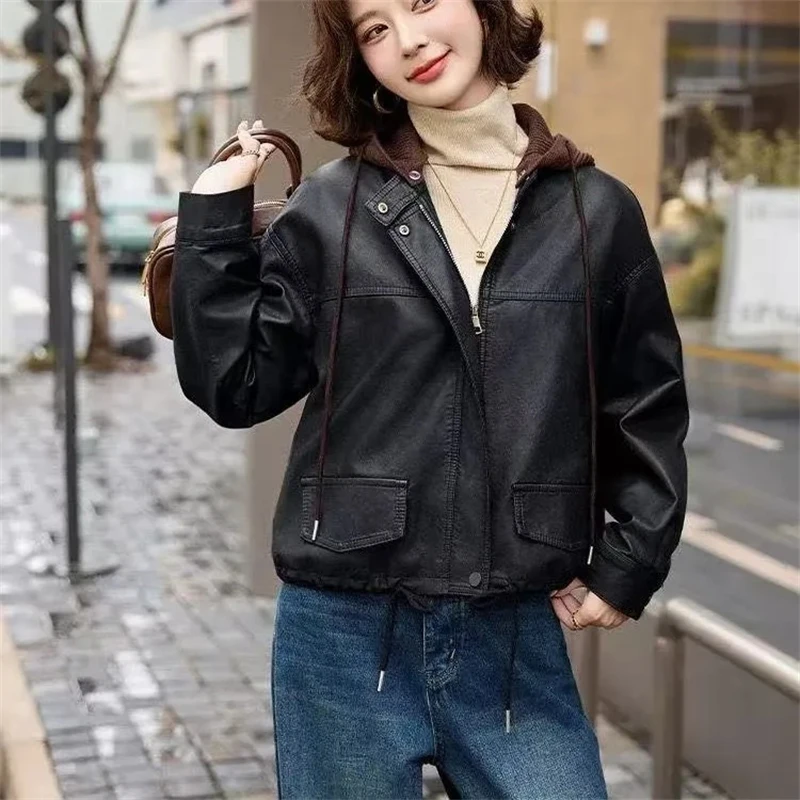 Novos casacos de imitação de couro feminino solto inverno grosso mais veludo curto jaquetas de couro velo destacável malha casacos com capuz