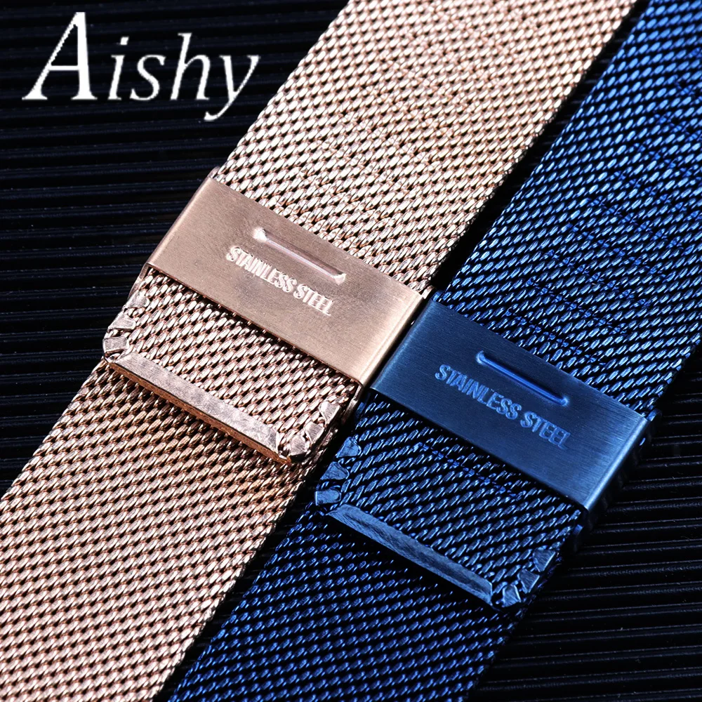 Watch band  20mm 22mm Ip plating 06 Wire Thick Watch black rose gold blue Stainless Steel Mesh Milanese Band ремешок для часов