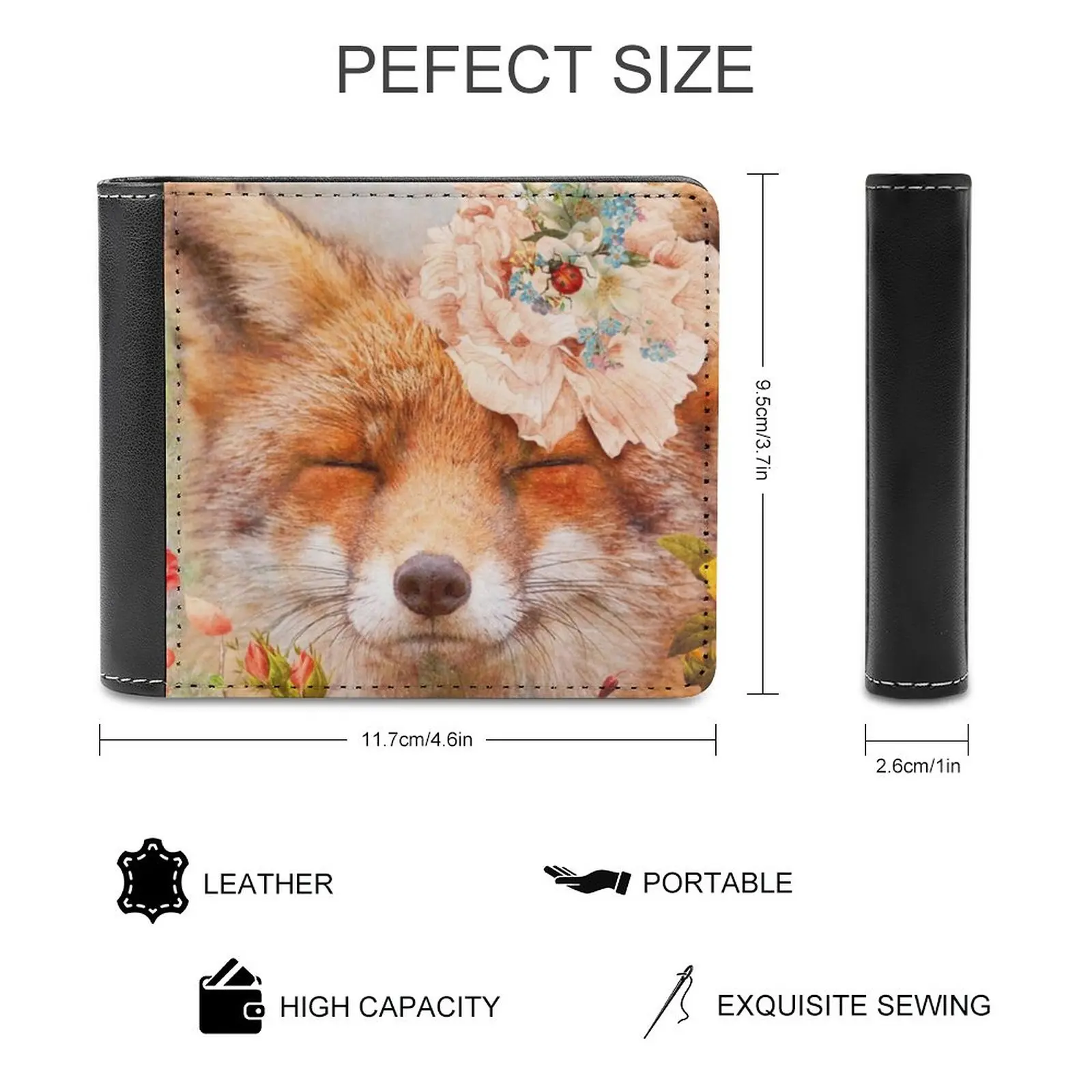 Happy Fox Leather Wallet Men's Wallet Diy Personalized Purse Father'S Day Gift Fox Happy Smile Flowers Personalized Wallet